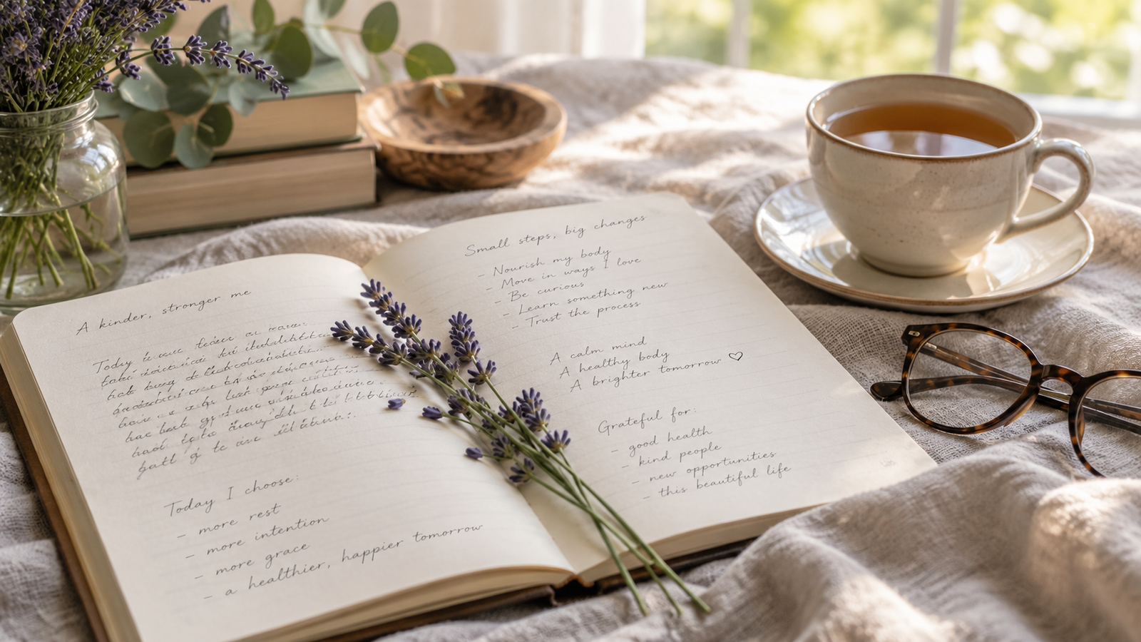 An open journal with handwritten intentions beside a cup of tea and lavender