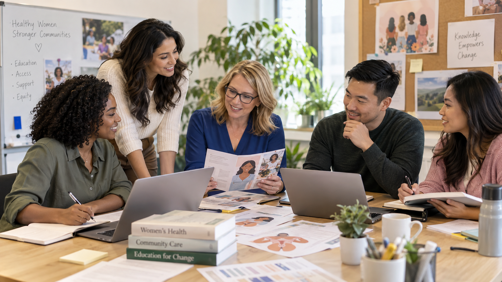 A diverse team collaborating around a table on community health education
