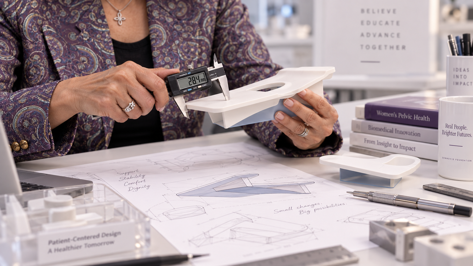 Hands measuring a prototype with digital calipers over engineering drawings
