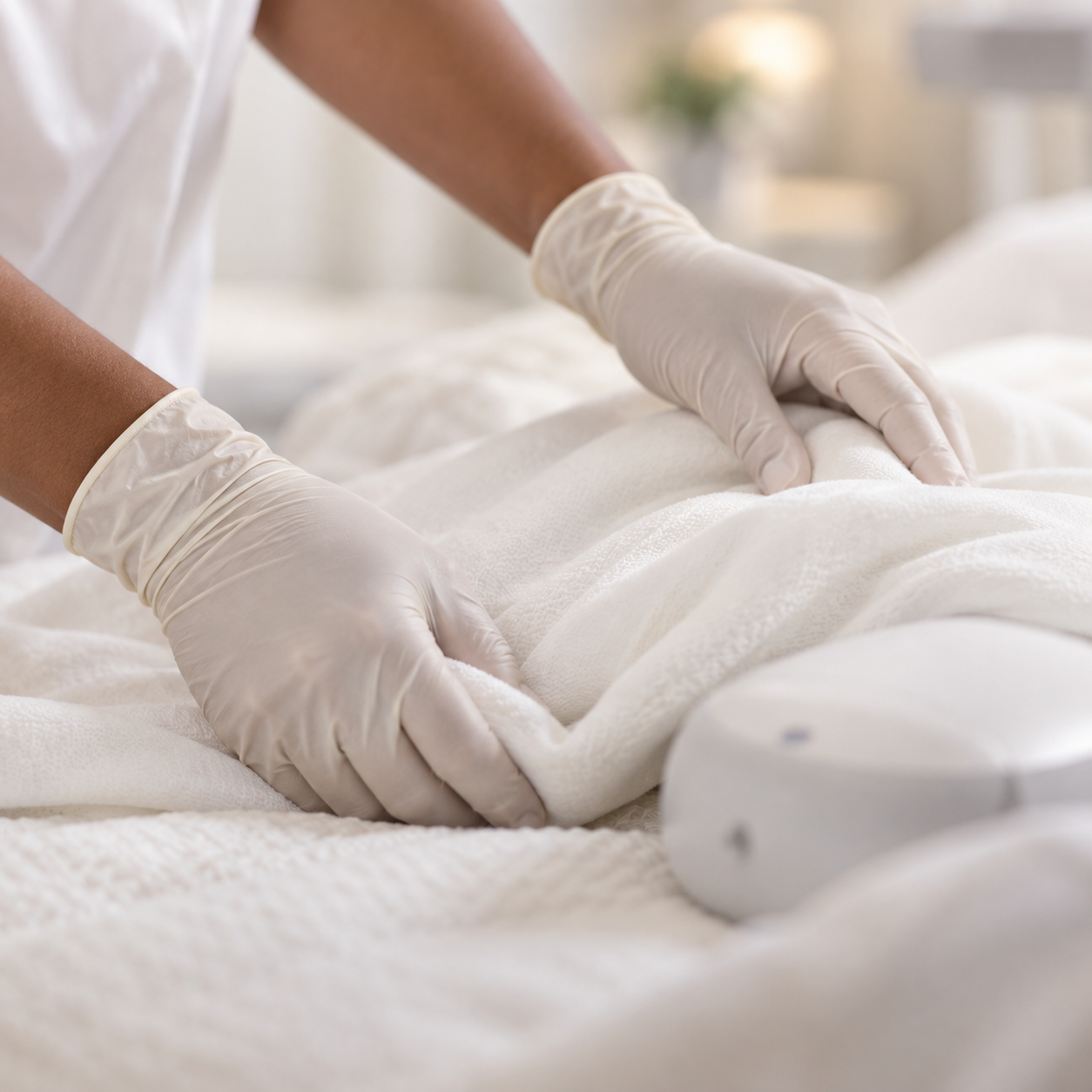 Caring gloved hands adjusting soft bedding