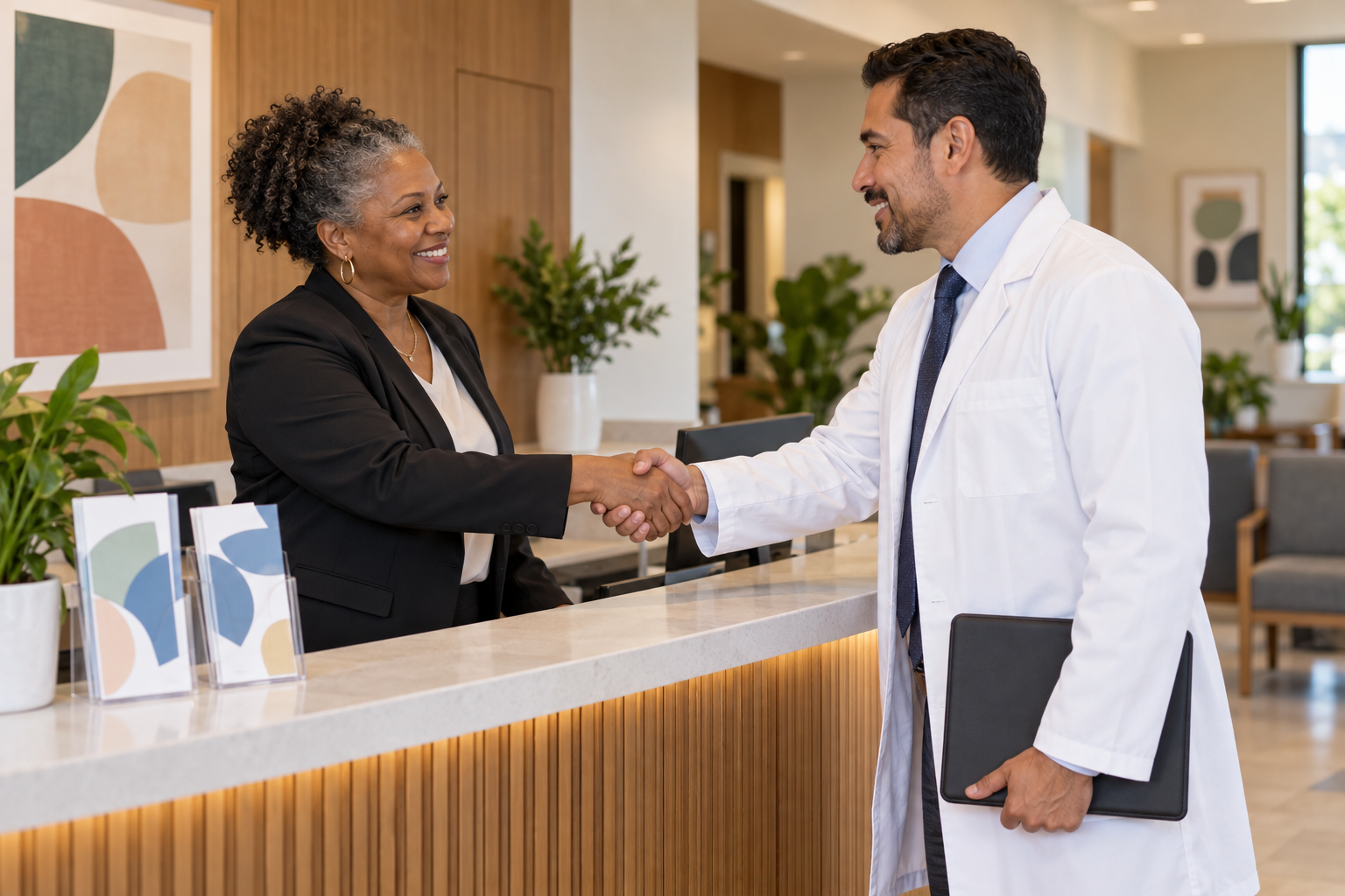 A practice manager welcoming a physician partner at a clinic reception desk