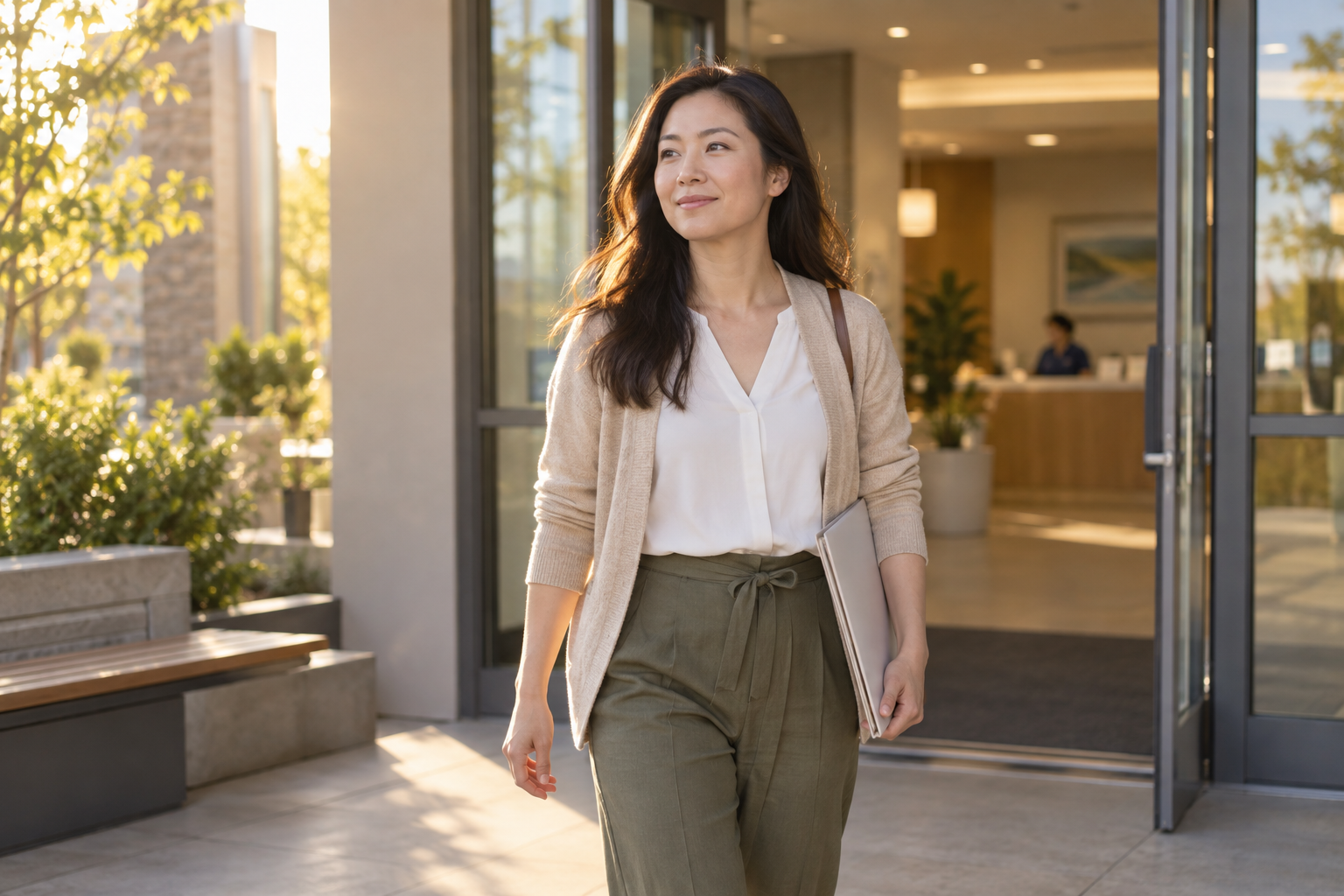 A woman stepping out of a clinic into afternoon light, relieved after being heard