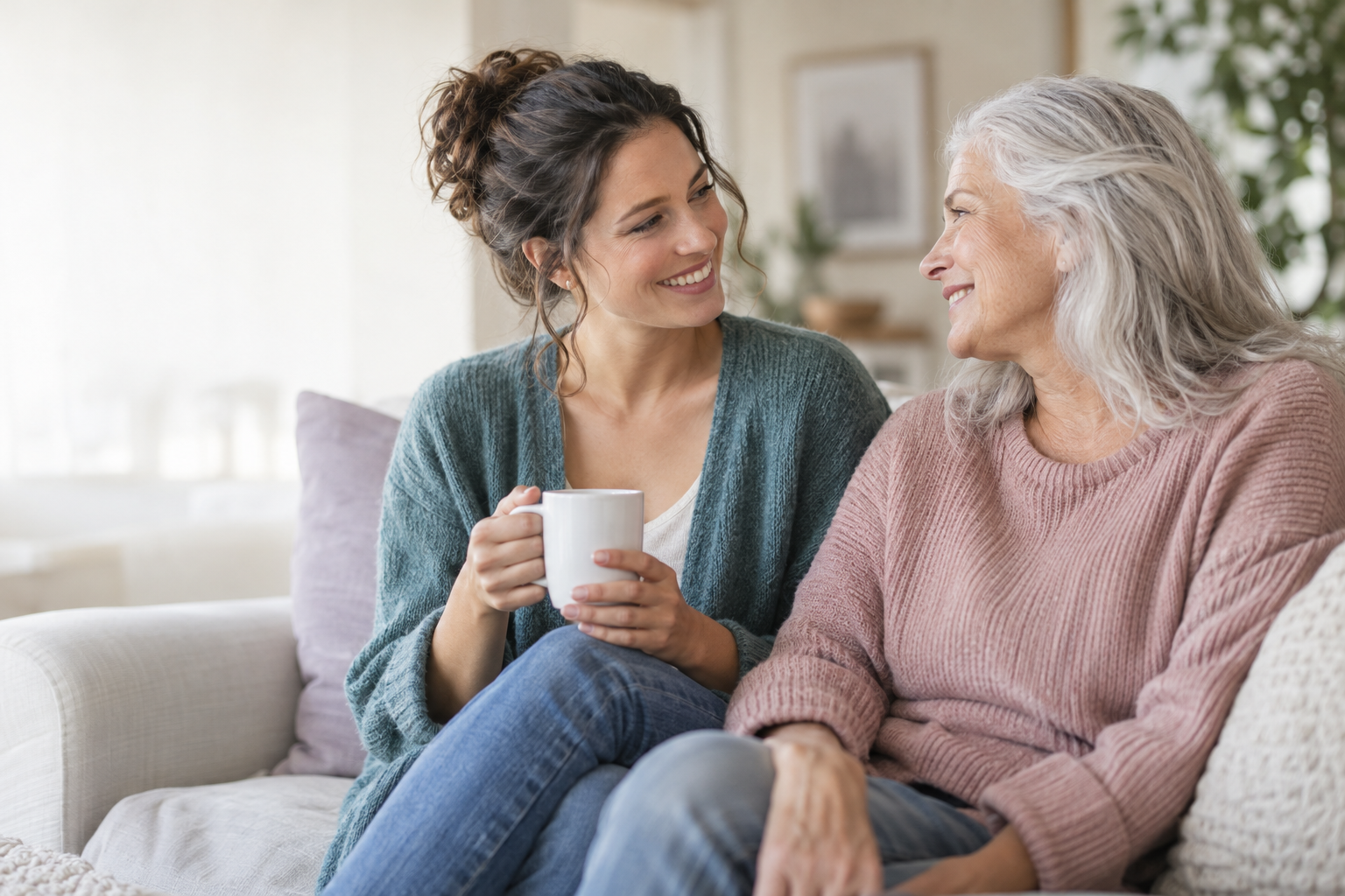 Two women sharing a warm, supportive conversation
